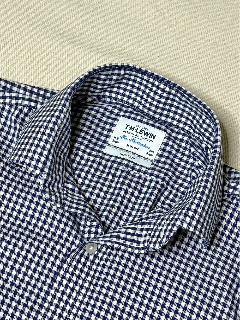T.M. Lewin Men’s 15.5 34.5 Slim Fit Navy Gingham Non-Iron Dress Shirt